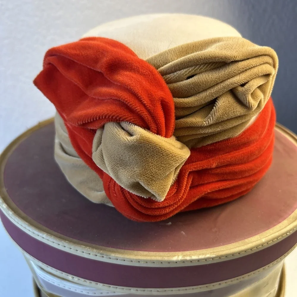 Vintage Patricia‎ Velvet Turban Hat Orange And Brown With Hat Box - Picture 2 of 8